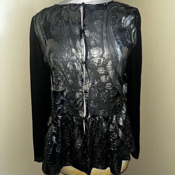 NEW Ella Moss Black Metallic Gold Top Sheer Long Sleeves Peplum Hem Medium NWT - Picture 1 of 11